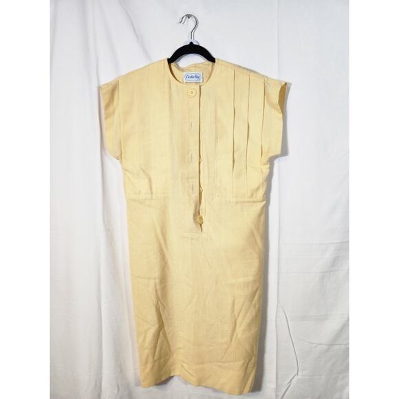 Vintage 80s Small $75 Butter Yellow Union Made Pleated Button Front Sheath Dress - Picture 1 of 8